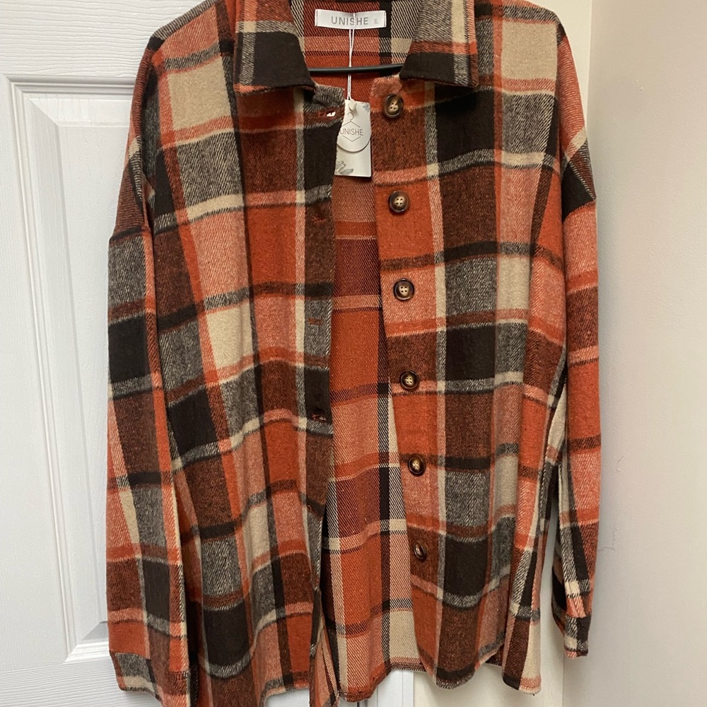 Plaid Flannel Shacket - Brown, Orange & Tan